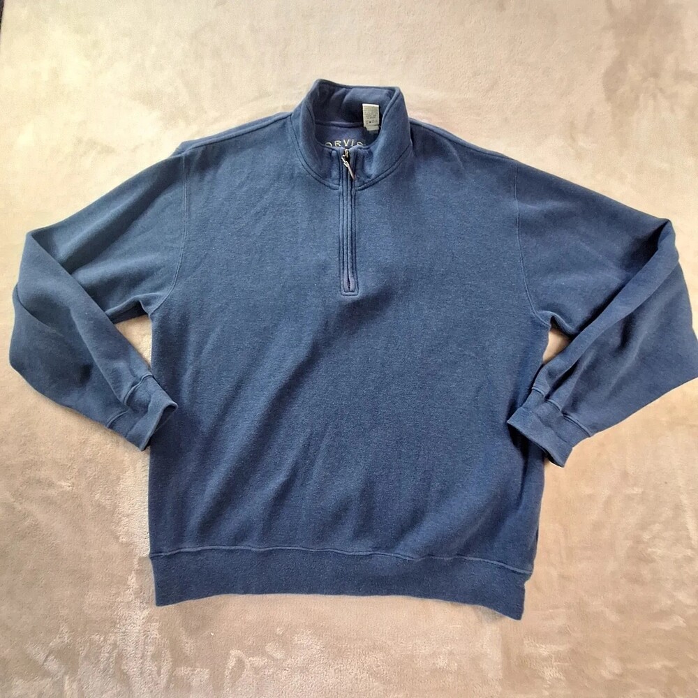 Orvis Sweater Mens Large Blue 1/4 Zip Mock Neck Cotton Knit Pullover Casual